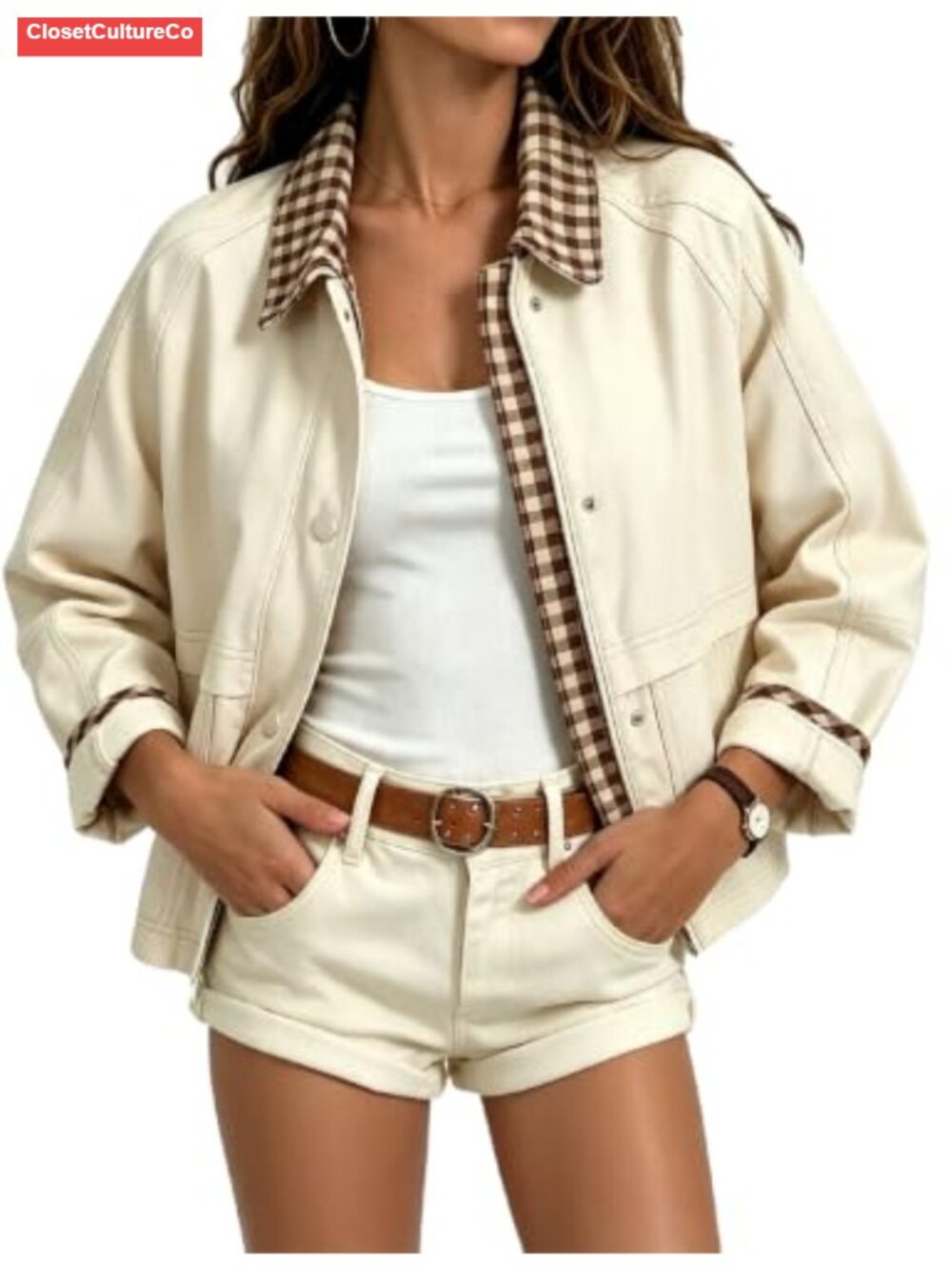Women's Cropped Plaid Barn Jacket Lightweight Bomber Utility Coat